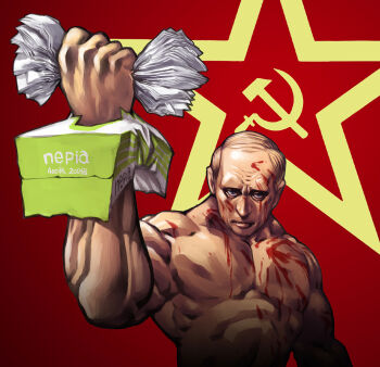 1boy bad_id bad_pixiv_id blood hammer_and_sickle honzawa_yuuichirou looking_at_viewer male_focus manly muscular politician real_life real_life_insert russia russian_text solo soviet tissue tissue_box vladimir_putin what