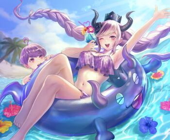 &gt;_&lt; 1boy 1girl :d absurdres ahoge arm_up barefoot beach bikini black_flower black_horns blue_sky blush braid breasts cleavage cocktail_glass commentary_request crown cup day drinking_glass drinking_straw flower frilled_bikini frills hair_flower hair_ornament hair_ribbon hibiscus highres holding holding_cup horns innertube large_breasts long_hair looking_at_viewer master_detective_archives:_rain_code multicolored_hair navel ocean official_alternate_costume one_eye_closed open_mouth outdoors oyu_(b_47p) palm_tree pink_bikini pink_eyes pink_flower pink_hair purple_eyes purple_hair ribbon shinigami_(ghost)_(rain_code) shinigami_(rain_code) short_hair sitting sky smile swim_ring swimsuit tree twin_braids two-tone_hair very_long_hair water waves white_hair white_ribbon yuma_kokohead