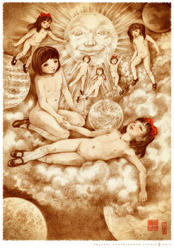 10s 2019 6+girls black_eyes black_hair black_shoes blush bow braid closed_eyes cloud collarbone flat_chest floating fractal_underground_studio hair_bow highres holding_hands jupiter_(planet) kneehighs loli long_hair looking_up lying mary_janes monochrome multiple_girls navel nipples nude on_cloud original planet pussy red_bow sepia shoes short_hair sitting sky sleeping smile socks space spot_color sun twintails white_socks