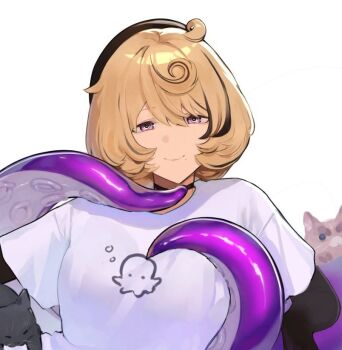 Rule 34 | 1girl, alternate costume, beret, black choker, black hat, blonde hair, breasts, cat, choker, closed mouth, commentary, cowlick, english commentary, grey cat, hair between eyes, hat, large breasts, layered sleeves, lilac alien, long sleeves, looking at viewer, mole, mole under mouth, multiple cats, portrait, print shirt, purple eyes, shirt, short hair, short over long sleeves, short sleeves, simple background, smile, squid print, suction cups, t-shirt, tentacle girl, tentacle tail, white background, white shirt, yidhari murphy, zenless zone zero