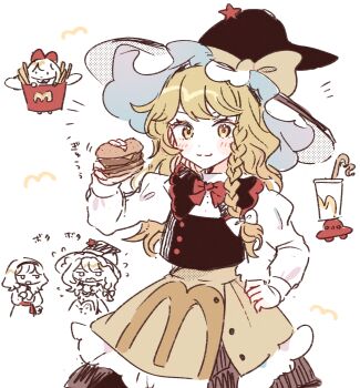 2girls alice_margatroid apron black_hat black_skirt black_vest blonde_hair blush bow bowtie braid burger commentary_request cup disposable_cup doll flying_sweatdrops food french_fries hair_bow hairband hand_on_own_hip hat hat_bow hat_ornament highres holding holding_burger holding_food juliet_sleeves kirisame_marisa long_hair long_sleeves mcdonald's mozukuzu_(manukedori) multiple_girls official_alternate_costume open_mouth puffy_sleeves red_bow red_bowtie shanghai_doll side_braid single_braid skirt smile star_(symbol) star_hat_ornament touhou translation_request ufo undefined_fantastic_object vest waist_apron white_bow witch_hat yellow_apron yellow_eyes
