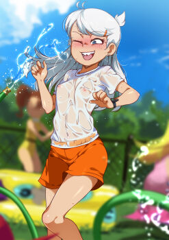 3girls ;d antenna_hair blue_eyes blue_sky blurry blurry_background blush body_freckles breasts brown_hair chain-link_fence cloud commentary day depth_of_field dress earrings english_commentary facing_viewer feet_out_of_frame female_focus fence freckles genderswap genderswap_(mtf) hair_ornament hairclip happy high_ponytail highres hose jcm2 jewelry linka_loud lola_loud loli long_hair luan_loud multiple_girls navel nipples no_bra one-piece_swimsuit one_eye_closed open_mouth orange_shorts outdoors pink_dress playing ponytail see-through_clothes shiny_skin shirt short_sleeves shorts sky small_areolae small_breasts small_nipples smile solo_focus standing stud_earrings swimsuit t-shirt teeth the_loud_house tongue wading_pool watch water wet wet_clothes wet_shirt white_hair wristwatch yellow_one-piece_swimsuit