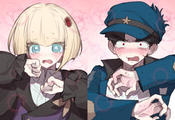 1boy 1girl anzekeye black_hair black_jacket blonde_hair blue_eyes blue_hat blue_jacket blunt_bangs blush ear_blush gem_hair_ornament hair_ornament hand_blush hat highres jacket looking_at_viewer maruko_gaku oosuzuki_kurara puffy_sleeves red_eyes short_hair small_pupils tearing_up the_hundred_line_-last_defense_academy- thick_eyebrows v-bangs