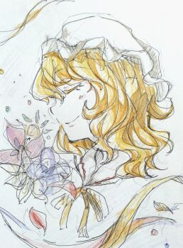 Rule 34 | 1girl, blonde hair, blush, bug, butterfly, closed eyes, closed mouth, collared dress, dress, dress ribbon, flower, from side, hat, highres, insect, leaf, maribel hearn, medium hair, mob cap, petals, ribbon, sanwa no jako (daikichi club), smile, solo, touhou, white background, yellow ribbon