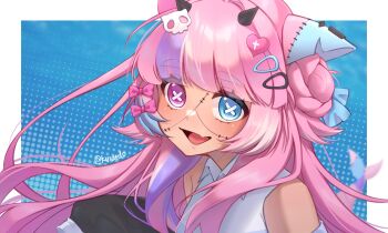Rule 34 | 1girl, animal ears, blue eyes, blue skirt, blunt bangs, cat ears, commentary, english commentary, fake animal ears, fang, hair ornament, hairclip, heart, heart hair ornament, heterochromia, hexiebite (vtuber), highres, indie virtual youtuber, kuraedo, long hair, looking at viewer, open mouth, pink eyes, pink hair, shirt, skin fang, skirt, sleeveless, sleeveless shirt, smile, solo, stitched face, stitches, symbol-shaped pupils, upper body, virtual youtuber, white shirt, x-shaped pupils