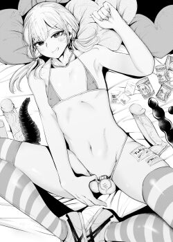 1boy bare_shoulders bikini chastity_cage covered_erect_nipples cum cumdrip delta_9 dildo flat_chastity_cage greyscale highres jewelry long_hair lying male_focus micro_bikini money monochrome navel necklace nipples on_back original penis sex_toy shoes small_chastity_cage small_penis striped_clothes striped_thighhighs swimsuit tagme thighhighs trap