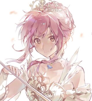 Rule 34 | 1girl, armor, bare shoulders, breastplate, brown eyes, chinese commentary, closed mouth, collar, commentary request, detached collar, dress, earrings, eyelashes, feather-trimmed dress, floating hair, frilled arm warmers, hair bun, happy, highres, holding, holding sword, holding weapon, infinity nikki, jewelry, lace collar, light blush, looking at viewer, melody bloom (infinity nikki), nikki (nikki), nikki (series), off-shoulder dress, off shoulder, petals, pink hair, short hair with long locks, short sleeves, sidelocks, simple background, single hair bun, smile, solo, sword, tareme, textless version, tiara, upper body, weapon, white arm warmers, white background, white collar, white dress, wind, youxianxingtai