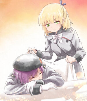 2girls belt beret blanket blonde_hair bow bowtie closed_eyes closed_mouth commentary_request covering_with_blanket gloves green_eyes grey_bow grey_jacket hair_ribbon hat heaven_burns_red highres jacket long_sleeves military_uniform multiple_girls nanase_nanami_(heaven_burns_red) orange_background purple_hair ribbon risai short_hair sleeping smile tezuka_saki white_bow white_bowtie white_gloves