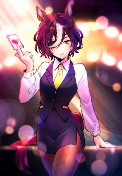 1girl ace_(playing_card) ace_of_hearts animal_ears arm_support between_fingers black_skirt black_vest blurry blurry_background breasts brown_pantyhose card collared_shirt cowboy_shot depth_of_field eyepatch fishnet_pantyhose fishnets hair_over_one_eye hand_up heart highres holding holding_card horse_ears horse_girl horse_tail long_sleeves multicolored_hair necktie pantyhose pencil_skirt playing_card puffy_long_sleeves puffy_sleeves purple_hair shirt skirt small_breasts solo tail tanino_gimlet_(umamusume) two-tone_hair umamusume vest white_hair white_shirt yellow_necktie yuzuki_v