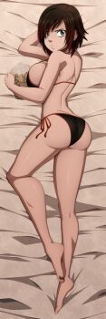 1girl absurdres ass bare_shoulders bikini black_hair blush breasts cookie dakimakura_(medium) flower food grey_eyes highres incredibly_absurdres large_breasts lying multicolored_hair on_side ravenravenraven red_hair rose ruby_rose rwby short_hair sideboob solo swimsuit thighs two-tone_hair