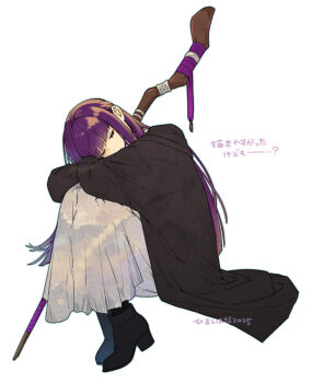1girl black_boots black_jacket boots commentary_request dress fern_(sousou_no_frieren) full_body half-closed_eyes hime_cut hiyoshi_hana holding holding_staff jacket long_hair long_sleeves looking_at_viewer one_eye_closed purple_hair simple_background solo sousou_no_frieren staff white_background white_dress