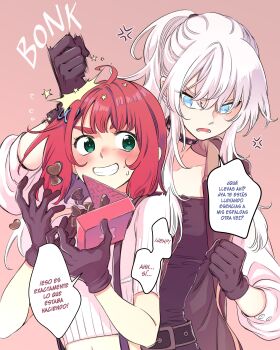 2girls absurdres ahoge ana_c._sanchez anger_vein angry arm_up aurora_edelweiss behind_another belt black_belt black_choker black_gloves black_shirt blue_eyes blush box box_of_chocolates breasts candy character_name chocolate chocolate_heart choker clenched_hands collarbone crop_top cropped_shirt dropping food gloves green_eyes grin hair_ornament hands_up heart heart-shaped_food highres hitting holding holding_box jacket lieza_(limbo) limbo_(manga) long_hair long_sleeves looking_at_another looking_to_the_side lower_teeth_only medium_breasts medium_hair midriff motion_lines multiple_girls navel open_clothes open_jacket open_mouth pink_background ponytail red_hair shirt shirt_tucked_in short_sleeves sidelocks simple_background smile spanish_text speech_bubble standing star_(symbol) surprised suspenders sweat teeth translation_request upper_body v-shaped_eyebrows white_hair white_jacket white_shirt yuri