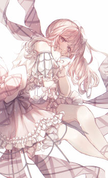 1other absurdres akiyama_mizuki arm_bow armlet belt belt_buckle bloom bow bowtie buckle chromatic_aberration commentary_request corset crinoline crossed_legs dress dress_ribbon feet_out_of_frame floating frilled_dress frills hair_bow hair_over_shoulder hands_on_own_face hands_up highres jewelry long_hair looking_at_viewer net official_alternate_costume other_focus petticoat pink_bow pink_dress pink_eyes pink_hair plaid_bow plaid_ribbon project_sekai ribbon saku8587 secret_distance_(project_sekai) short_dress side_ponytail simple_background sleeveless sleeveless_dress solo striped_bow two-tone_bow two-tone_ribbon white_background white_bow white_bowtie white_dress