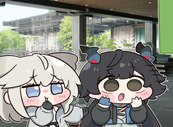 Rule 34 | 2girls, animal ears, arknights, arknights: endfield, beleullin, bird ears, bird girl, black hair, blue gloves, blue jacket, blush, blush stickers, brown eyes, chen qianyu (arknights), chibi, chibi only, commentary, dragon girl, dragon horns, dragon tail, dress, empty eyes, game screenshot background, gloom (expression), gloves, grey jacket, grey shirt, hashtag-only commentary, highres, horns, jacket, long hair, long sleeves, multiple girls, open clothes, open jacket, open mouth, outdoors, outline, perlica (arknights), screenshot background, shirt, sleeveless, sleeveless dress, stifled laugh, tail, trembling, twintails, untranslatable commentary, white dress, white hair, white outline