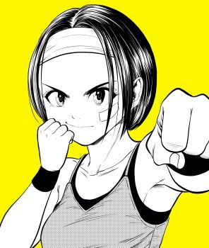 1girl bandaid bandaid_on_cheek bandaid_on_face breasts camisole clenched_hands collarbone commentary_request forehead greyscale_with_colored_background hairband highres incoming_attack incoming_punch lee_(dragon_garou) medium_breasts original portrait punching short_hair smile solo sports_bra v-shaped_eyebrows yellow_background