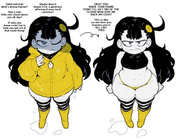 1girl black_hair blue_eyes boots cibastion commentary dizzyspells english_commentary english_text freckles hair_ornament highres loli long_hair original panties puddle raincoat side_ahoge solo standing striped_clothes striped_thighhighs sweatdrop thick_thighs thighhighs thighs underwear water white_background wide_hips yellow_boots yellow_panties yellow_raincoat