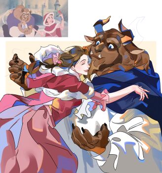 1boy 1girl absurdres beast_(disney) beauty_and_the_beast_(disney) belle_(disney) blue_cape blue_eyes brown_fur brown_hair cape claws closed_eyes dress fangs fur-trimmed_cape fur_trim furry furry_male highres hood hooded_cape horns hug karmaho pink_dress red_cape shirt smile white_shirt