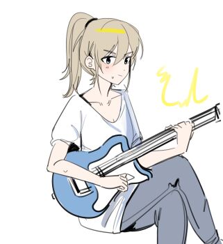 1girl absurdres blue_eyes commentary crossed_legs electric_guitar girls_band_cry grey_hair grey_pants guitar haidao_mao hair_between_eyes highres holding holding_plectrum instrument kawaragi_momoka music pants playing_guitar playing_instrument plectrum ponytail shirt short_sleeves simple_background sitting solo sweatdrop symbol-only_commentary white_background white_shirt