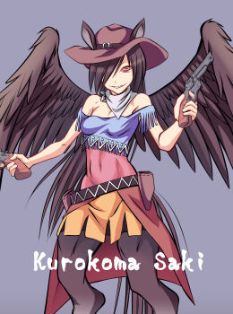 Rule 34 | 1girl, absurdres, animal ears, ayana mizuki, bags under eyes, belt, breasts, brown eyes, brown hair, brown hat, brown wings, character name, commentary request, covered navel, cowboy hat, cowboy western, dress, dual wielding, ears through headwear, feet out of frame, grey background, grin, gun, hair between eyes, hair over one eye, handgun, hat, highres, holding, holding gun, holding weapon, hooves, horse ears, horse girl, horse tail, kurokoma saki, long bangs, long hair, looking at viewer, multicolored dress, off-shoulder dress, off shoulder, revolver, small breasts, smile, solo, tail, touhou, very long hair, weapon, wings