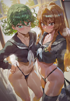 2girls ai-assisted aisaka_taiga black_panties black_sailor_collar black_serafuku black_thighhighs brown_eyes brown_hair closed_mouth collarbone crossover green_eyes green_hair hair_between_eyes highres long_hair looking_at_viewer multiple_girls neckerchief one-punch_man panties patreon_logo patreon_username sailor_collar school_uniform serafuku shexyo short_hair standing tatsumaki thighhighs thighs toradora! underwear white_neckerchief