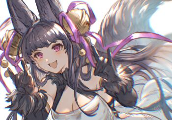 1girl :3 animal_ears bell black_hair breasts cleavage cleavage_cutout clothing_cutout commentary double_fox_shadow_puppet dress elbow_gloves erune fox_ears fox_girl fox_shadow_puppet fox_tail fur-trimmed_gloves fur_trim gloves granblue_fantasy hair_bell hair_ornament hair_ribbon hibana_(hibana_ztlv) highres jingle_bell long_hair looking_at_viewer medium_breasts open_mouth pink_eyes pink_ribbon ribbon sleeveless sleeveless_dress smile solo symbol-only_commentary tail upper_body very_long_hair yuel_(granblue_fantasy) yuel_(water)_(granblue_fantasy)