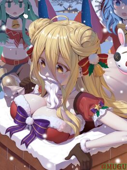 1other 3girls alternate_costume bell belt blonde_hair blue_eyes blue_hair breasts brown_gloves chimney chinese_commentary christmas cleavage commentary_request cowbell date_a_live eyepatch fake_beard fake_facial_hair fur-trimmed_gloves fur_trim gloves green_hair hair_ornament highres himekawa_yoshino hoshimiya_mukuro kyouno_natsumi large_breasts long_hair multiple_girls navel neck_bell open_mouth outdoors ribbon snow stuck tsubasaki yellow_eyes yoshinon