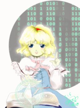 Rule 34 | 1girl, alice margatroid, binary, blonde hair, blue dress, blue eyes, blush, book, capelet, circle, dress, frilled ribbon, frills, headband, hexagram, highres, long sleeves, magic circle, open book, outstretched hand, pechi (h0t c0ffee), perfect cherry blossom, pink ribbon, pointing, pointing up, puffy long sleeves, puffy sleeves, red headband, ribbon, signature, smile, solo, touhou, white background, white capelet, zun (style)