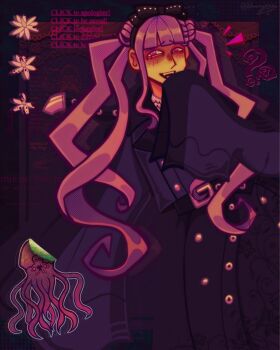 Rule 34 | 1girl, ?, alien, black coat, coat, commentary, double bun, english commentary, english text, flower, g'ie (hundred line), hair bun, headband, highres, laughing, long hair, mystery route (hundred line), official alternate costume, possessed, s.f. (hundred line), shangerez, spoilers, the hundred line -last defense academy-, tsukumo kako
