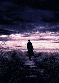 Rule 34 | 1boy, bellta (kimbellta), cloud, cloudy sky, coat, commentary request, dirt road, field, from behind, full body, highres, horizon, korean commentary, male focus, night, omniscient reader's viewpoint, open clothes, open coat, road, scabbard, sheath, short hair, silhouette, sky, solo, standing, star (sky), starry sky, sunset, yoo joonghyuk