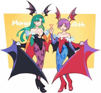2girls animal_print bat_print black_leotard boots breasts bridal_gauntlets character_name closed_eyes closed_mouth collarbone commentary_request darkstalkers futa_yuri_ryona green_hair head_wings heart high_heel_boots high_heels leotard lilith_(darkstalkers) looking_at_another morrigan_aensland multiple_girls open_mouth pantyhose print_pantyhose purple_hair red_leotard smile strapless strapless_leotard wings yellow_eyes