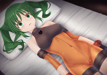 1girl android bare_shoulders bed bodysuit breasts commentary_request covered_erect_nipples covered_navel cowboy_shot detached_sleeves empty_eyes gloves gluteal_fold green_eyes green_hair gunshot_wound lying medium_breasts not_a_chan on_back orange_bodysuit skin_tight sleeveless solo solty_rei solty_revant underbust