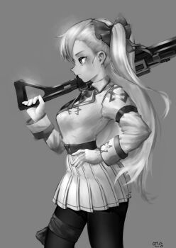 1girl absurdres armband bow closed_mouth eonsang expressionless girls'_frontline grey_background greyscale gun hair_between_eyes hair_bow hand_on_own_hip hand_up hexagram highres holding holding_gun holding_weapon long_hair machine_gun monochrome negev_(girls'_frontline) one_side_up pantyhose pleated_skirt shirt skirt solo star_of_david subaru_(user_tmwv7722) very_long_hair weapon
