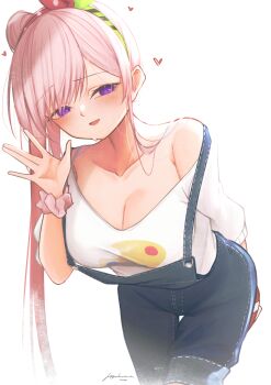 1girl \||/ absurdres airani_iofifteen airani_iofifteen_(1st_costume) alternate_breast_size baggy_clothes blue_overalls box breasts cleavage commentary cowboy_shot denim_overalls english_commentary green_hairband hair_bun hairband heart heart-shaped_box highres hololive hololive_indonesia large_breasts leaning_forward long_hair looking_at_viewer loose_clothes loose_hair_strand no_hair_ornament off_shoulder overalls paint_palette pants pants_rolled_up parkiranhonda pink_hair pink_hairband pink_scrunchie print_sweater purple_eyes salute scrunchie side_ponytail side_up_bun simple_background single_bare_shoulder solo strap_slip sweater swept_bangs three-quarter_sleeves two-tone_hairband valentine very_long_hair virtual_youtuber vulcan_salute waving white_background white_sweater wrist_scrunchie