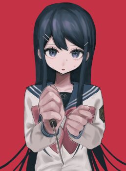Rule 34 | 1girl, blue eyes, blue hair, blue sailor collar, bow, bowtie, collarbone, commentary request, danganronpa: trigger happy havoc, danganronpa (series), hair ornament, hairclip, hands up, highres, holding, holding knife, kakuzatou (sugar xouox), knife, long hair, long sleeves, looking at viewer, maizono sayaka, nervous, nervous sweating, open mouth, parallel hairclips, red background, red bow, red bowtie, revision, sailor collar, sailor shirt, school uniform, shirt, simple background, solo, straight hair, sweat, upper body, very long hair