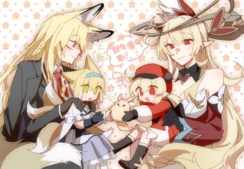 4girls :d alice_(genshin_impact) animal_ears arknights bare_shoulders black_boots black_gloves black_jacket blonde_hair blue_hairband boots braid braided_hair_rings chinese_commentary chinese_text closed_mouth coat coat_on_shoulders colored_tips commentary_request crossover detached_collar detached_sleeves dodoco_(genshin_impact) fox_ears fox_girl fox_tail genshin_impact gloves green_eyes hair_rings hairband hat highres jacket jueqingdeshishei kitsune klee_(genshin_impact) kyuubi long_hair long_sleeves mother_and_daughter multicolored_hair multiple_girls multiple_tails necktie notice_lines open_mouth orange_eyes peaked_cap pointy_ears puffy_long_sleeves puffy_sleeves red_eyes red_hat red_necktie red_sleeves shirt sitting sitting_on_lap sitting_on_person smile star_(symbol) star_symbol_background suzuran_(arknights) tail translation_request twin_braids very_long_hair vulpisfoglia_(arknights) white_hair white_shirt