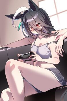 1girl absurdres animal_ears armpits bare_arms bare_shoulders black_hair blush breasts closed_mouth controller dolphin_shorts extra_arms extra_eyes game_controller grey_shorts hair_between_eyes highres holding holding_controller holding_game_controller horse_ears horse_girl long_hair manhattan_cafe_(umamusume) navel purple_tank_top short_shorts shorts sitting smoke_klll solo stomach tank_top umamusume