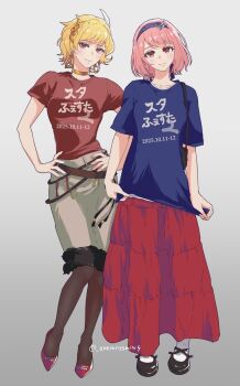 Rule 34 | 2girls, alternate costume, bag, black pantyhose, blonde hair, blue hairband, blue shirt, breasts, brown eyes, capri pants, choker, citrinne (fire emblem), closed mouth, collarbone, earrings, feather hair ornament, feathers, fire emblem, fire emblem engage, gold choker, hair ornament, hairband, handbag, highres, hoop earrings, jewelry, lapis (fire emblem), looking at viewer, medium breasts, mismatched earrings, multiple girls, nintendo, pants, pantyhose, pink hair, red eyes, red shirt, red skirt, shirt, shoes, short hair, short sleeves, simple background, skirt, small breasts, smile, umi (oneinchswing), white pantyhose, wing hair ornament