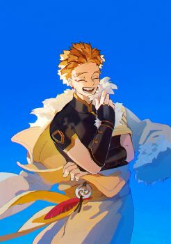 1boy blonde_hair boku_no_hero_academia closed_eyes cowboy_shot facing_viewer feathers fingernails happy hawks_(boku_no_hero_academia) highres horocca looking_at_viewer male_focus open_mouth red_feathers short_hair short_sleeves solo teeth