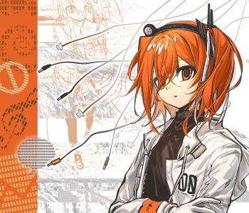 1girl a.i._voice absurdres adachi_rei black_shirt cable commentary gloves hair_ribbon headlamp highres jacket jcss long_sleeves looking_at_viewer medium_hair one_side_up open_clothes open_jacket orange_eyes orange_hair radio_antenna ribbon shirt solo speech_bubble treble_clef upper_body white_background white_gloves white_jacket white_ribbon
