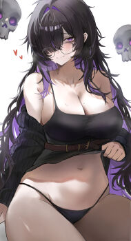 1girl absurdres belt black_panties breasts brown_belt cleavage clothes_lift commentary_request dress dress_lift glasses goddess_of_victory:_nikke hair_over_one_eye highres label_(nikke) large_breasts long_hair looking_at_viewer messy_hair mole mole_on_breast multicolored_hair navel panties purple_eyes purple_hair rimmon simple_background sitting skull two-tone_hair underwear very_long_hair white_background
