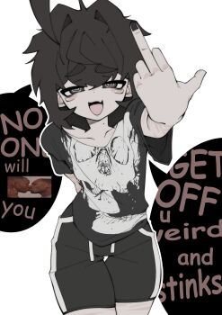 Rule 34 | 1boy, absurdres, arm behind back, arm up, black eyes, black hair, black shirt, black shorts, cowboy shot, english text, fang, hair between eyes, half-closed eyes, highres, insult, insulting viewer, looking at viewer, male focus, meme, middle finger, nightcore (n19htc0r333), open mouth, original, osugaki, print shirt, ringed eyes, scar, scar on arm, shirt, short hair, short sleeves, shorts, simple background, skin fang, skull print, smile, solo, speech bubble, talking, trap, white background, yaoi