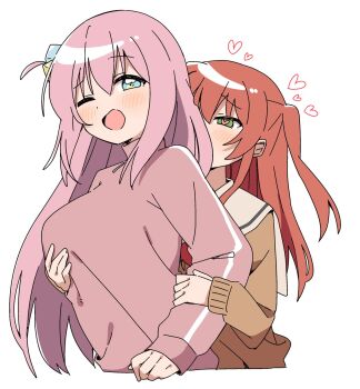 2girls blue_eyes blush bocchi_the_rock! breasts brown_shirt cropped_torso cube_hair_ornament gotoh_hitori green_eyes hair_ornament haru_(konomi_150) heart heart-shaped_pupils highres jacket kita_ikuyo large_breasts long_hair long_sleeves multiple_girls one_eye_closed one_side_up open_mouth pink_hair pink_jacket red_hair sailor_collar school_uniform serafuku shirt shuka_high_school_uniform simple_background symbol-shaped_pupils track_jacket white_background white_sailor_collar yuri