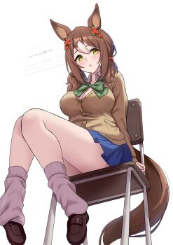 1girl absurdres alternate_costume alternate_hairstyle animal_ears black_shoes blue_skirt blush bow bowtie breasts brown_cardigan brown_hair brown_tail cardigan chair cleavage commentary_request diagonal-striped_bow diagonal-striped_bowtie diagonal-striped_clothes fine_motion_(umamusume) from_below green_bow green_bowtie green_eyes grey_socks gyaru hair_ornament highres horse_ears horse_girl horse_tail kibihimi large_breasts loafers looking_at_viewer loose_socks low_twintails medium_hair miniskirt multicolored_hair on_chair open_mouth pleated_skirt school_chair school_uniform shoes simple_background skirt socks solo streaked_hair striped_bow striped_bowtie striped_clothes tail thighs twintails umamusume white_background white_streaks