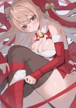 1girl bell black_thighhighs bow bowtie breasts bridal_gauntlets brown_eyes brown_hair cleavage commentary_request dress hair_bow highres johnston_(christmas)_(kancolle) johnston_(kancolle) kantai_collection looking_at_viewer lying medium_breasts on_side picoli1313 red_bow red_bowtie red_dress solo thighhighs two_side_up