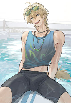 1boy absurdres ahoge animal_ears arknights black_shorts blue_eyes blue_vest bulge collarbone dog_boy dog_ears dog_tags dog_tail earrings fangs green-tinted_eyewear hair_between_eyes head_tilt highres jewelry looking_at_viewer male_focus messy_hair midriff_peek multiple_earrings multiple_necklaces muscular muscular_male necklace open_mouth pool pool_ladder shorts sitting sitting_on_surfboard smile sunglasses surfboard tail teeth tequila_(arknights) thick_eyebrows tinted_eyewear tongue user_vvfe4558 vest water watermark wet wet_clothes white_background