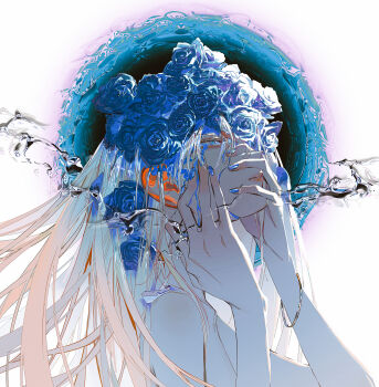 1girl album_cover bare_shoulders blonde_hair blue_eyes blue_flower blue_nails blue_rose cover crymachina enoa_(crymachina) expressionless floating_liquid flower hair_flower hair_ornament hands_on_own_face highres long_hair official_art rolua rose solo textless_version upper_body water