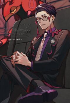 1boy 2f_sq black-framed_eyewear black_hair black_jacket black_pants black_socks bug centipede collared_shirt colored_sclera commentary_request corbeau_(pokemon) crossed_legs eyewear_strap gen_5_pokemon glasses highres jacket long_sleeves looking_at_viewer male_focus mega_stone necktie nintendo open_clothes open_jacket pants parted_hair parted_lips pokemon pokemon_(creature) pokemon_legends:_z-a purple_hair purple_shirt round_eyewear scolipede shirt short_hair short_sideburns sitting socks undercut white_necktie yellow_eyes yellow_sclera