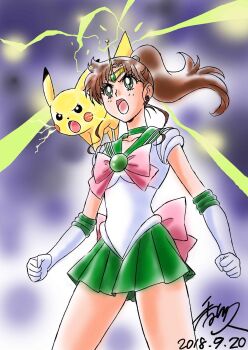 Rule 34 | 1girl, 2018, bishoujo senshi sailor moon, bow, brown hair, choker, circlet, clenched hands, crossover, dated, earrings, elbow gloves, gen 1 pokemon, gloves, green eyes, highres, jewelry, kagawa hisashi, kino makoto, lightning, lightning rod, long hair, magical girl, nintendo, open mouth, pikachu, pink bow, pokemon, pokemon (creature), ponytail, sailor jupiter, school uniform, serafuku, serious, signature