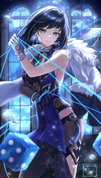 1girl aqua_eyes ass asymmetrical_gloves bare_shoulders bead_choker black_hair blue_background blue_gloves blue_hair bracelet breasts broken_glass chinese_commentary commentary_request cowboy_shot diagonal_bangs dice earrings fur-trimmed_jacket fur_trim genshin_impact glass gloves gradient_hair grin hand_up highres holding holding_string indoors jacket jewelry large_breasts long_hair mismatched_gloves multicolored_hair parted_lips signature smile solo string teeth twitter_username vision_(genshin_impact) white_gloves whyte_srsn window yelan_(genshin_impact)