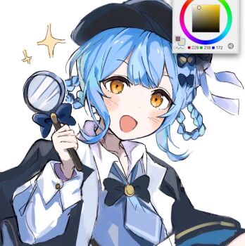 Rule 34 | 1girl, art program in frame, black capelet, black hat, blue hair, blue necktie, braid, braided hair rings, capelet, detective, hair rings, hand up, hashtag-only commentary, hat, hentai-chan (egg oshiri), holding, holding magnifying glass, long sleeves, looking at viewer, magnifying glass, mahou shoujo no majo saiban, necktie, open mouth, short hair, simple background, smile, solo, sparkle, tachibana sherry, upper body, white background, yellow eyes